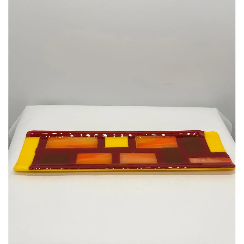 Handmade Fused Glass Geometric Rectangular Tray Yellow Orange Red 12 Inch